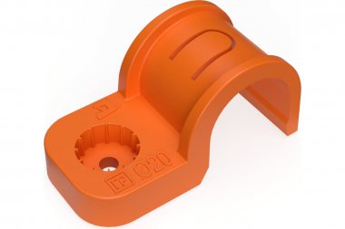 Фотография товара 'Промрукав PR13.1179 Крепеж-скоба пластиковая односторонняя для прямого монтажа атмосферостойкая оранжевая в п/э d20 мм'