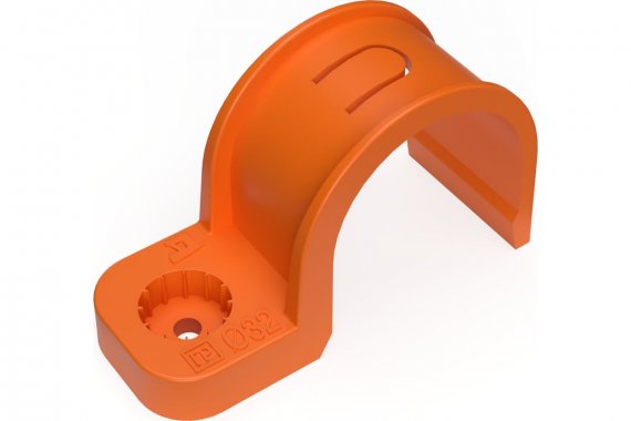 Фотография товара 'Промрукав PR13.1188 Крепеж-скоба пластиковая односторонняя для прямого монтажа атмосферостойкая оранжевая в п/э d32 мм'