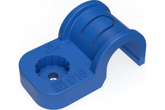 Фотография товара 'Промрукав PR13.2066 Крепеж-скоба пластиковая односторонняя для прямого монтажа атмосферостойкая синяя в п/э d16 мм'