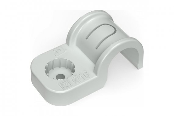 Фотография товара 'Промрукав PR13.02543 Крепеж-скоба пластиковая односторонняя для прямого монтажа атмосферостойкая серая в гофроящике d16 мм'