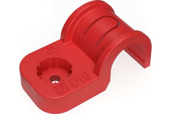 Фотография товара 'Промрукав PR13.2053 Крепеж-скоба пластиковая односторонняя для прямого монтажа атмосферостойкая красная в п/э d16 мм'